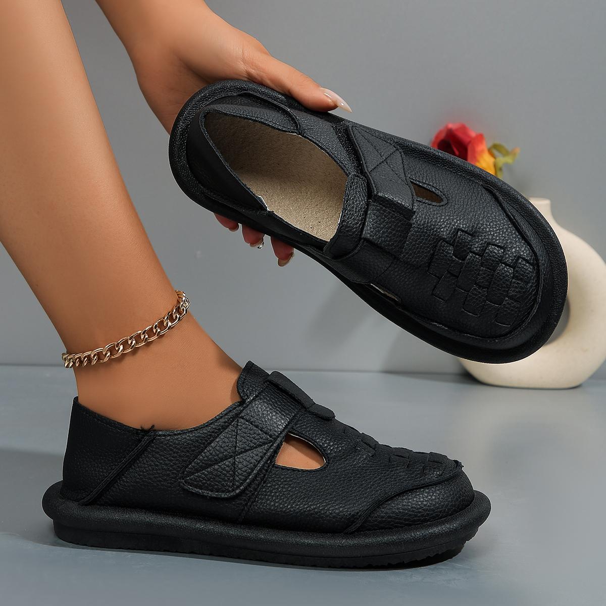 

Модные летние новые стильные дышащие сандалии на плоской подошве с круглым носком, удобные однотонные модные спортивные и повседневные туфли для женщин 40 чёрный