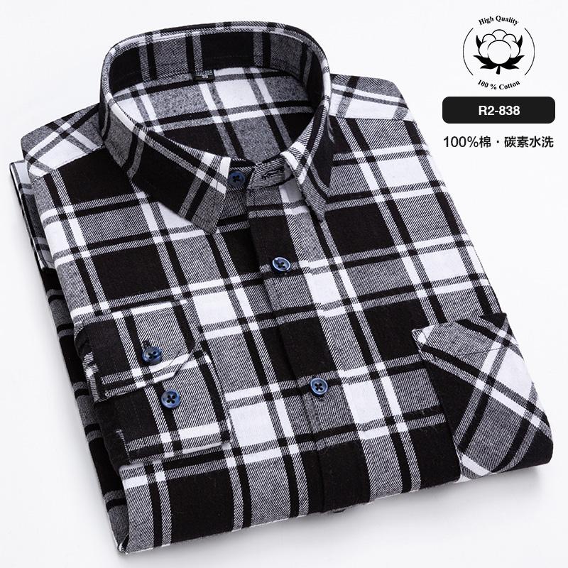 New Spring Autumn 100% Cotton Flannel Plaid Mens Shirts Casual Long Sleeve Regular Fit Home Dress Shirts For Man Clothes 6XL 5XL