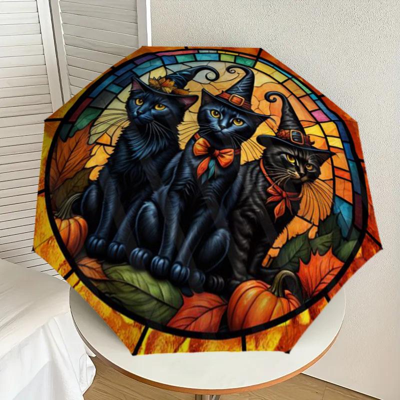 1pc Halloween Cats with Witch Hats Umbrella with Plastic Handle,Suitable for All Seasons Home Travel Outdoor UmbrellaDD599