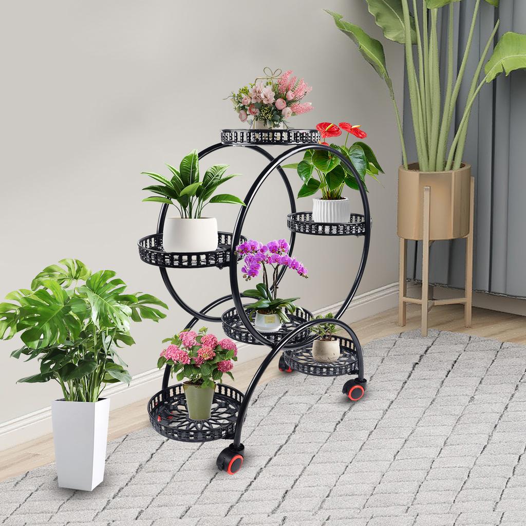 Modern Iron Plant Stand with 6 Trays & 4 Wheels, 4-Tier Black Flower Shelf for Indoor Outdoor Use, Freestanding Garden Rack