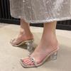 Transparent Thick-heeled Rhinestone Sandals for Women's Outer Wear 2025 New Square-headed Crystal and Versatile High-heeled Cool Slippers