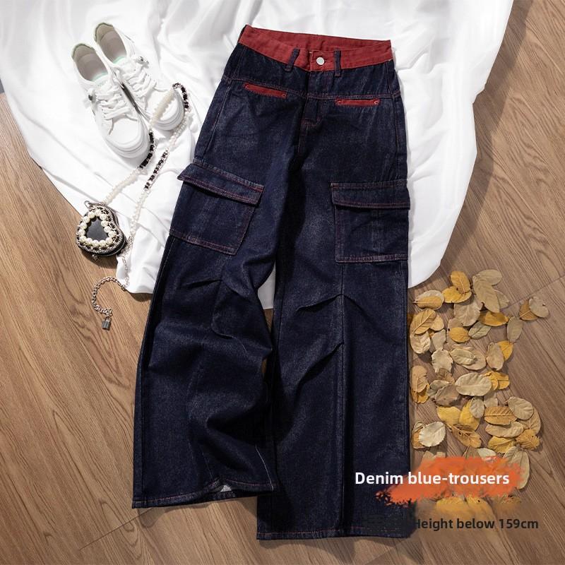 

Patchwork Color-Block Wide-Leg Jeans for Women Spring 2026 High-Waisted Loose Straight-Leg Casual Cargo Pants XS