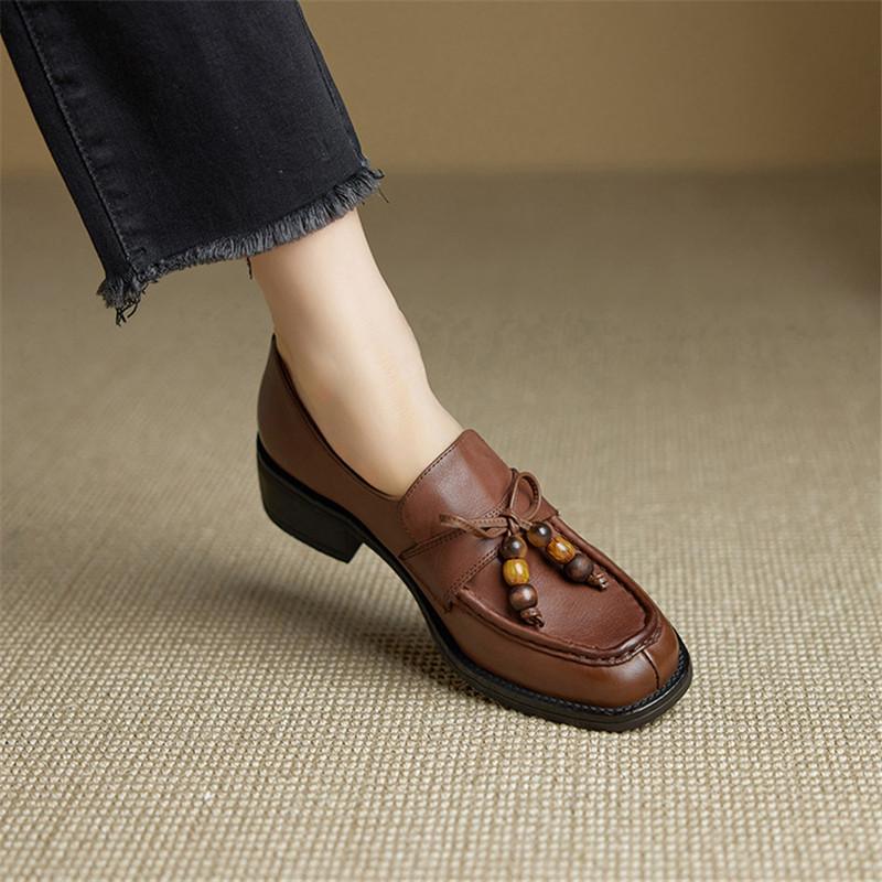 Fashion New Spring/autumn Genuine Leather Women Shoes Round Toe Loafers Shoes for Women Fashion Bow Women Pumps Shoes Chunky High Heel