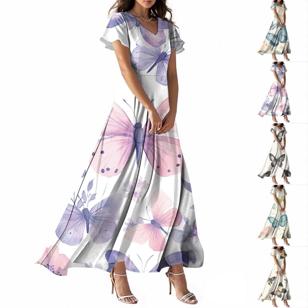 Abito Casual Estivo da Donna con Stampa Farfalla, Scollo a V, Manica Corta