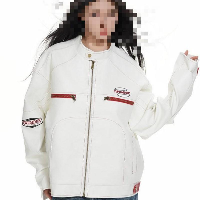 Mens White Cropped Leather Jacket Slim Fit Stand Collar Casual Streetwear Bomber Fall