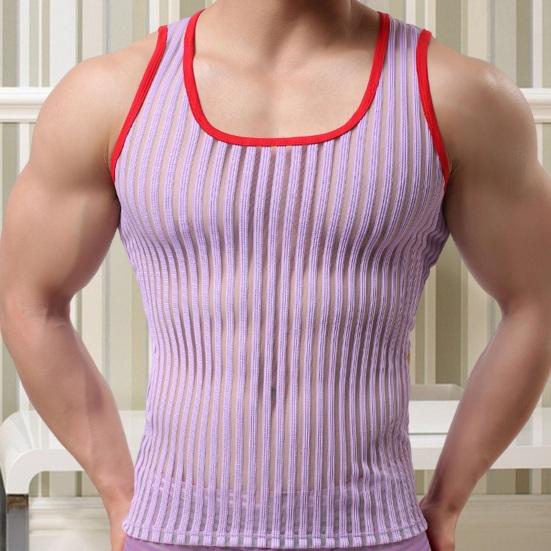 O-Neck Sleeveless Solid Color Men Vest Striped Racerback Male Mesh Sexy Transparent Bottoming Vest Home Wear