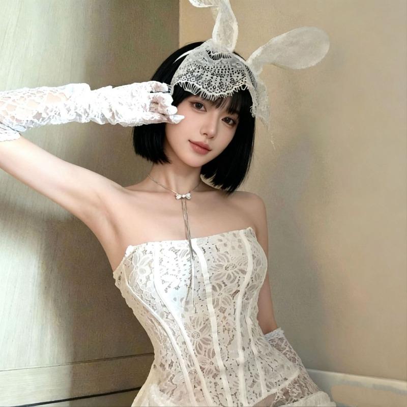 Party Banquet Pure Erotic White Lace Rabbit Ear Hairband for Photography Props for Female Models Decoration