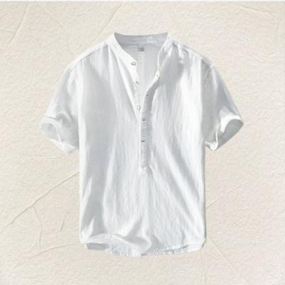 Men S Casual Solid Color Short Sleeve Stand Collar Loose Fit Shirt