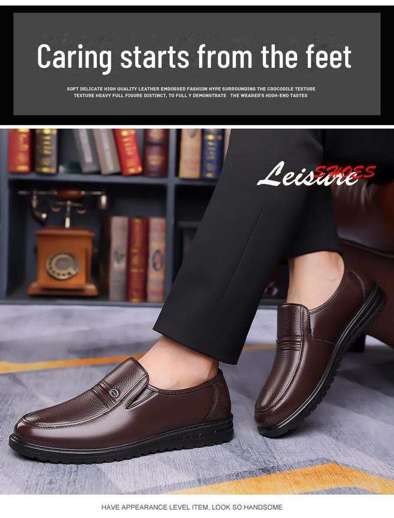 2024 Men's Genuine Cowhide Leather Slip-On Casual Shoes - Versatile for Middle-Aged and Elderly, Perfect for Business or Everyday Wear