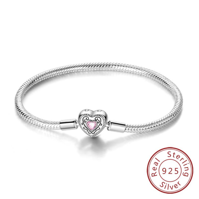 Armband Original 925 Sterling Silver Berlockarmband 17-20CM Kärlekshjärta Pave Zirkonia Armband för Kvinnor DIY Berlock Smycken Gåvor