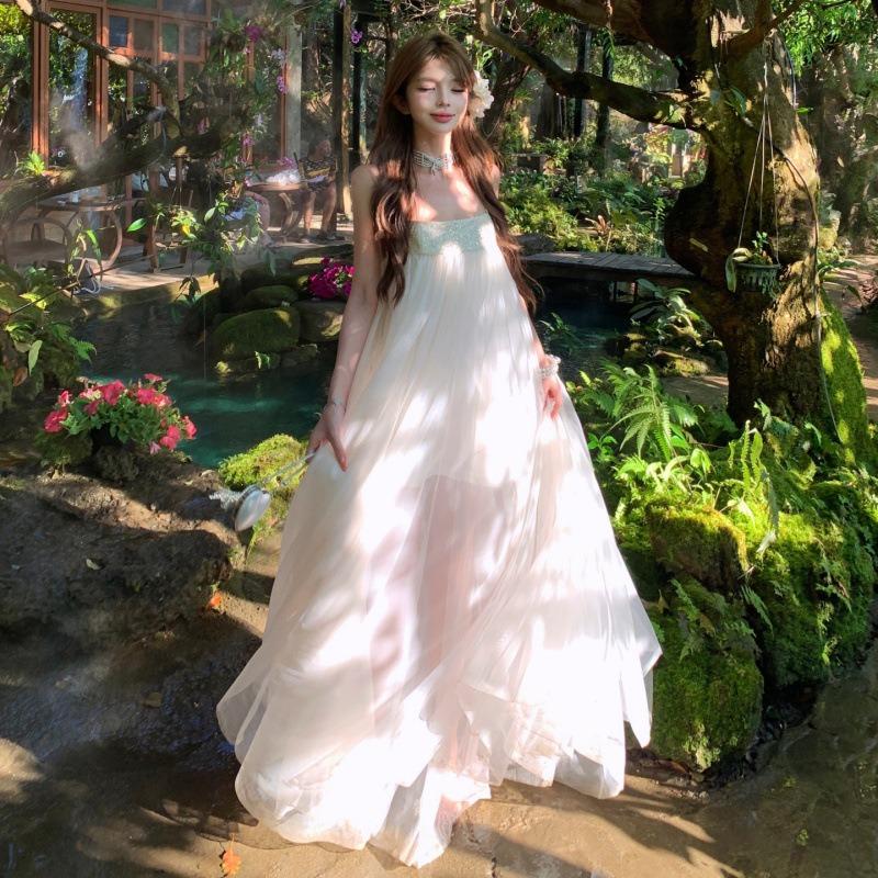 Holiday Fairy Light Luxury Mesh Suspender Dress Women's Summer New Daughter Feeling White Temperament Sleeveless Long Dress