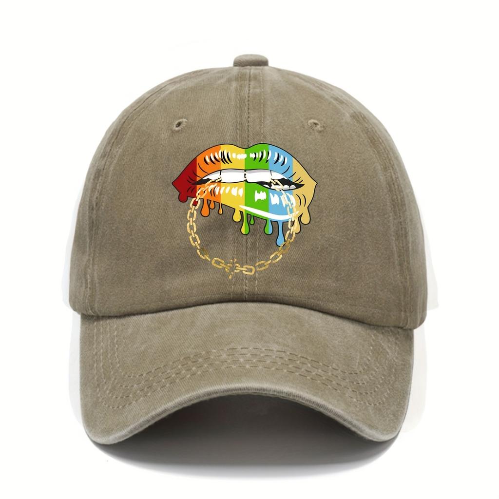 Rainbow Dripping Lips Chain Baseball Cap Distressed Denim Washed Sun Protective Casual Adjustable Hat