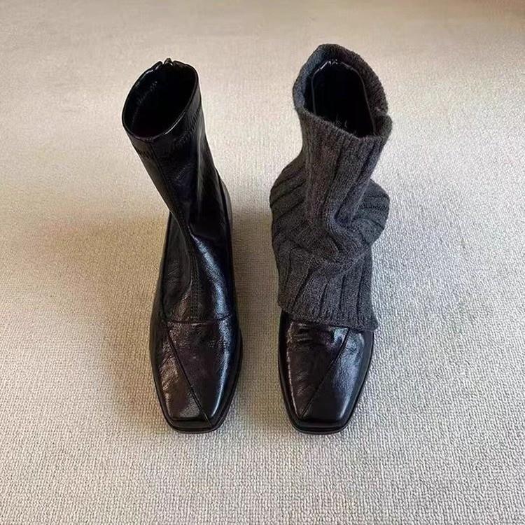 Soft leather version~ retro elastic thin boots women's head back zipper thin temperament commuter short boots thick heel small bare boots