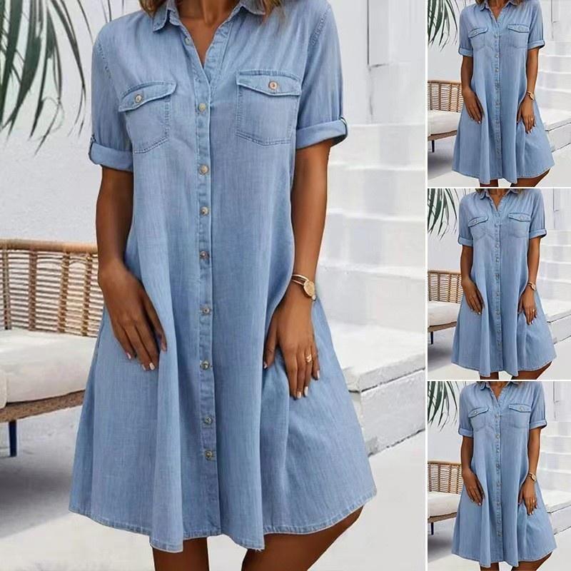 Women's Shirt Dress Short Sleeve Button Front Turn Down Collar A Line Midi Dress