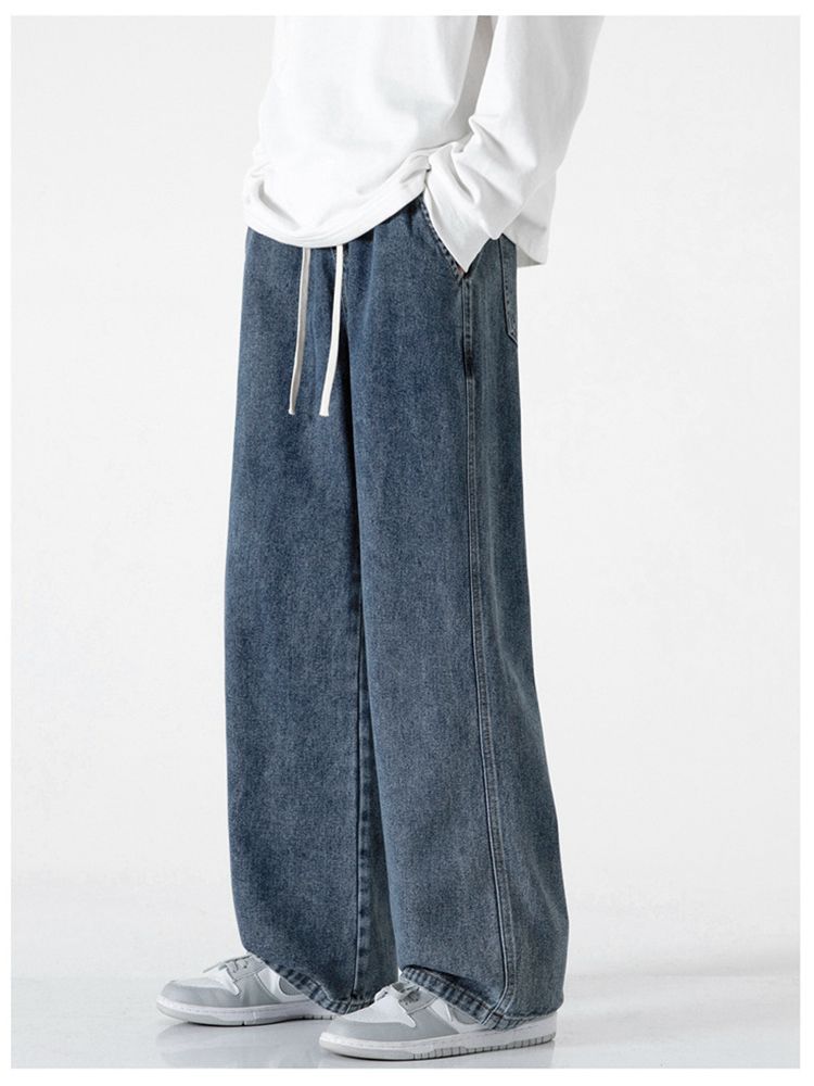 Retro Blue- Washed Denim Jeans For Men, Loose Straight Leg, Floor-length Wide-leg Pants L синий