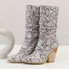 Fashion 2025 White Black Brown Faux Leather Cowboy Ankle Boots for Women Wedge High Heel Boots Chunky Snake Print Western Cowgirl Boots