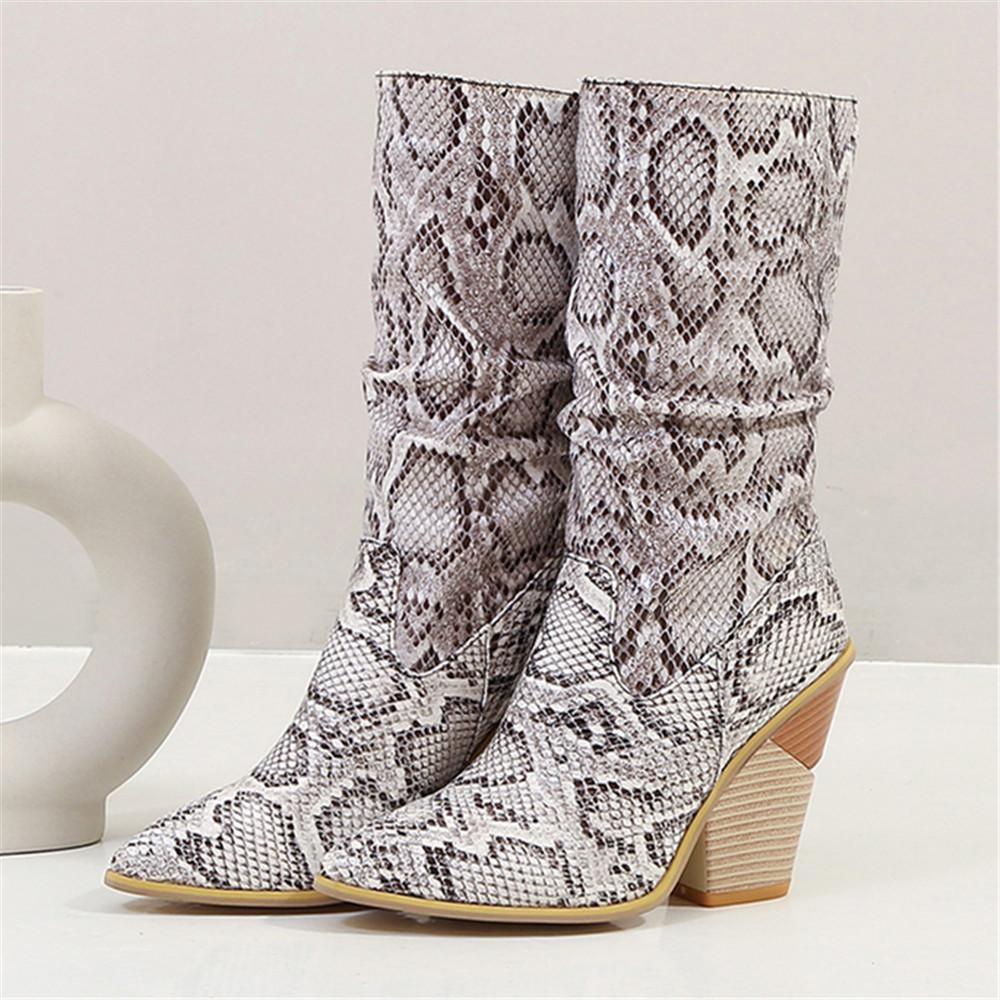 Fashion 2025 White Black Brown Faux Leather Cowboy Ankle Boots for Women Wedge High Heel Boots Chunky Snake Print Western Cowgirl Boots