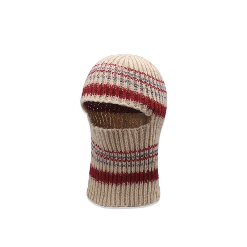 Retro Niche Balaclava Ins Women's Autumn and Winter Striped Knitted Hat Warm Ear Protection Hat and Scarf Integrated