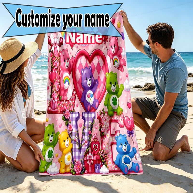 Custom Name Personalized Care Bears Print Beach Towel, for Trip Camping Beach Party Home Decor, Birthday Gift for Family & Friends