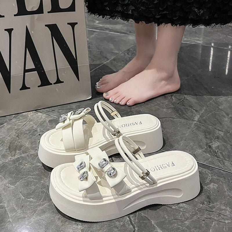 Height-increasing fairy style one-word slippers 2025 new muffin thick bottom with skirt bow sandals summer wear