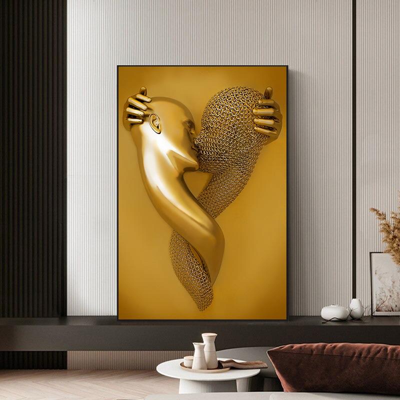 Abstract Gold Metal Figure Statue Minimalist Wall Art Print Canvas Painting Posters for Living Room Modern Home Decor