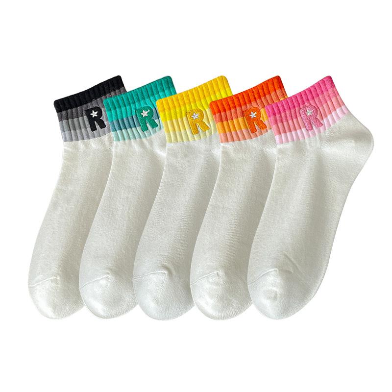 Women's Summer Thin Combed Cotton Short Socks and Women's Embroidered Boneless Sports Boat Socks