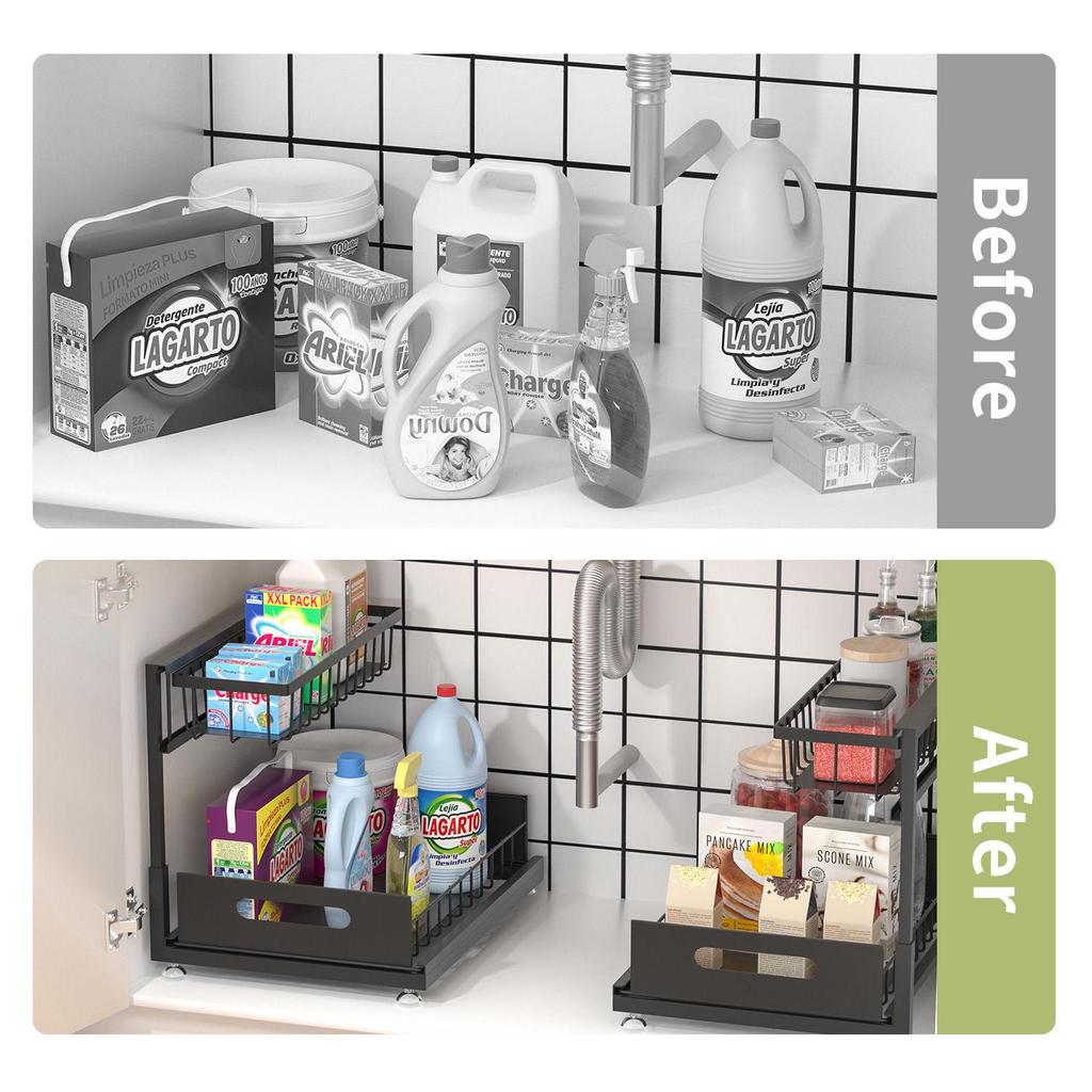 Under-Sink Pull-Out Storage Rack for Kitchen Cabinets - Layered Basket for Spices, Bowls, and Dishes