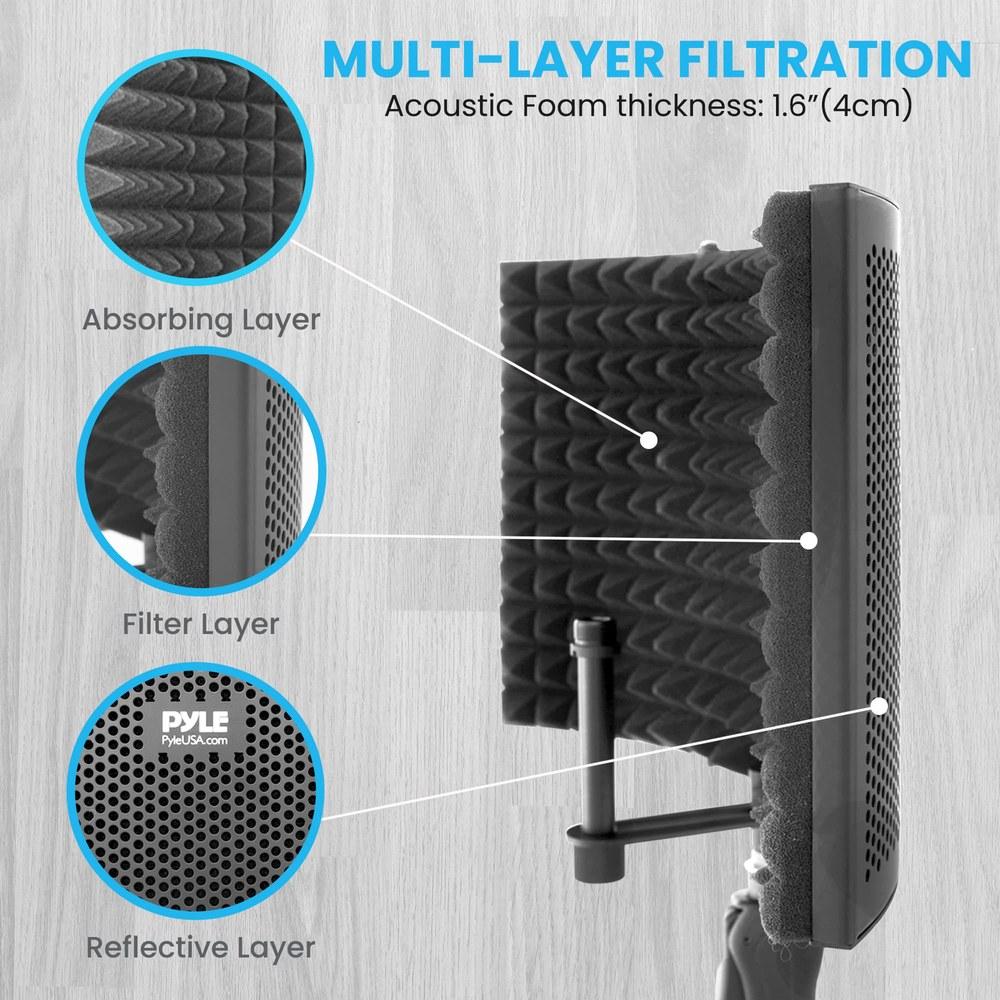 Pyle Microphone Isolation Shield 3-Panel Noise Absorption Recording Booth Acoustic Vocal Attenuation Filter 1.6-inch Foam Adjustable Microphone Depth