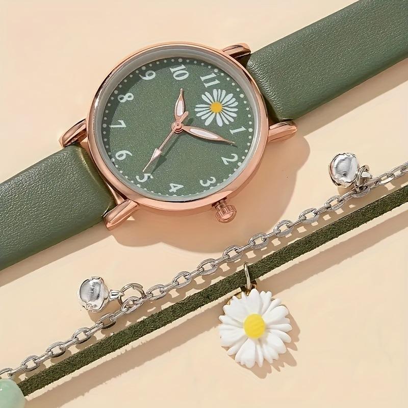 2PCS/Set Romantic Daisy Flower Women Watches Bracelet Set Fashion Ladies Quartz Watch Women Dress Clock Gifts Montre Femme