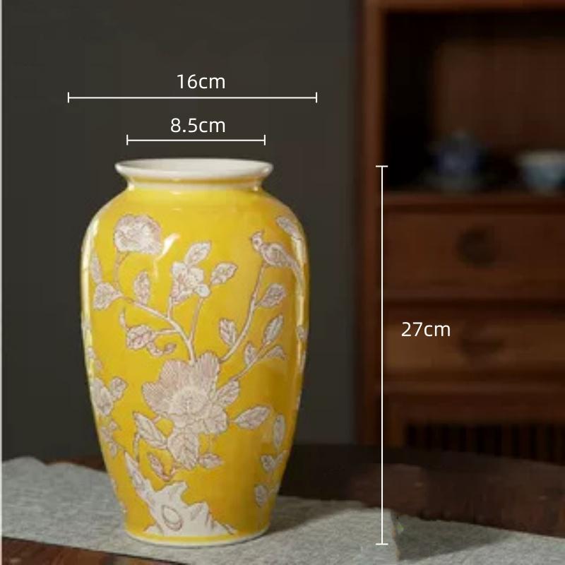Gelbe Keramikvase Qinghua Porzellan Vintage Porzellanvase Chinesischer Stil Blumenvase Terrarium Raumdekoration Zubehör