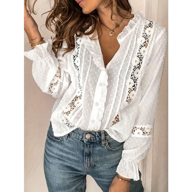 

Весна Осень Новая Рубашка с Кружевом и Воланами, Элегантная Свободная Сладкая Блузка с Длинным Рукавом, Кэжуал Топ с Ажурной Вязкой, Кэжуал Однобортная Одежда XXL