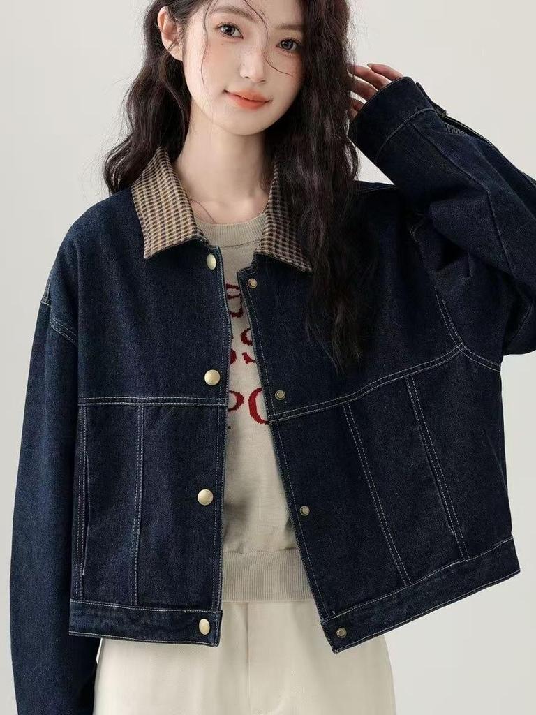 2025 Spring/Autumn Hong Kong Style Plaid Patchwork Denim Lapel Jacket for Women, Petite & Loose Fit.