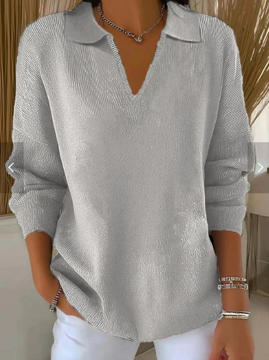 European & American Loose V-Neck Lapel Knit Sweater - Women's Solid Color Pullover for Spring and Autumn
