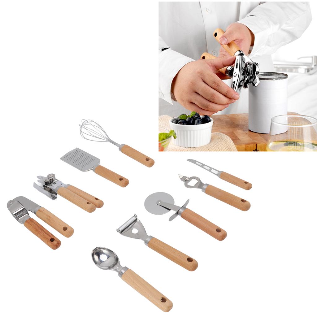 9pcs Kitchen Utensils Wooden Handle Stainless Steel Easy Cleaning Wear Resistant Colorful Package Co