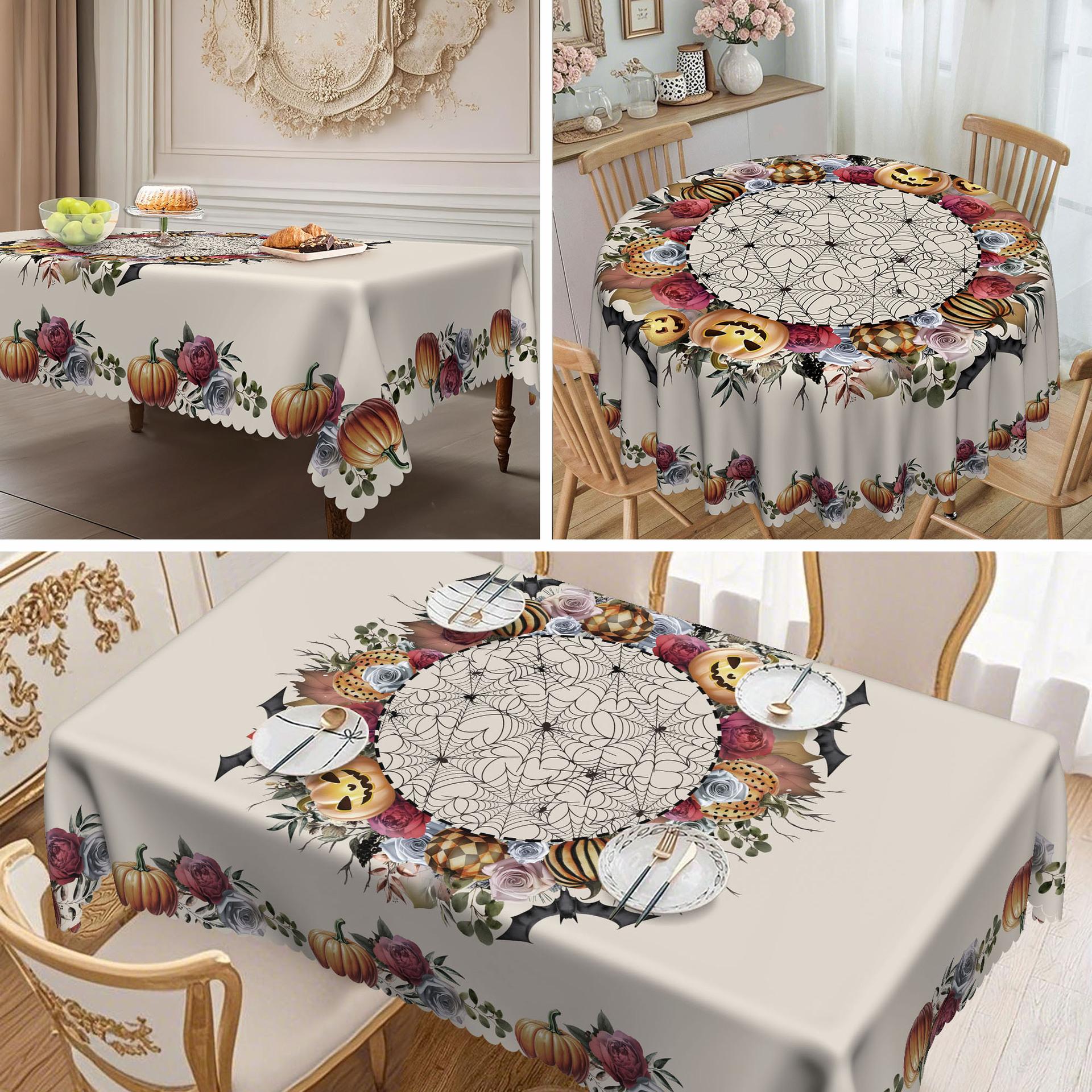 

1Pc Halloween Themed Tablecloth - Ghost Pumpkin, Spider Web, Bat And Haunted House Pattern Design Tablecloth round tablecloth-152x152cm