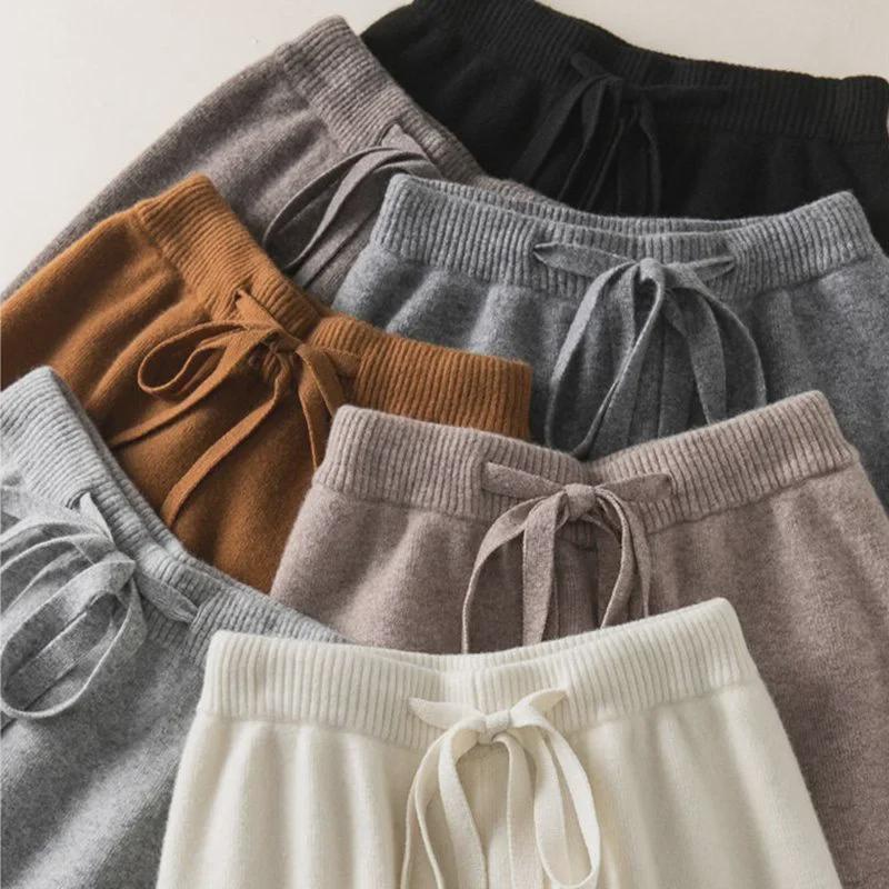 Pantaloni largi tricotați cu talie înaltă pentru femei - Pantaloni casual de toamnă 2024