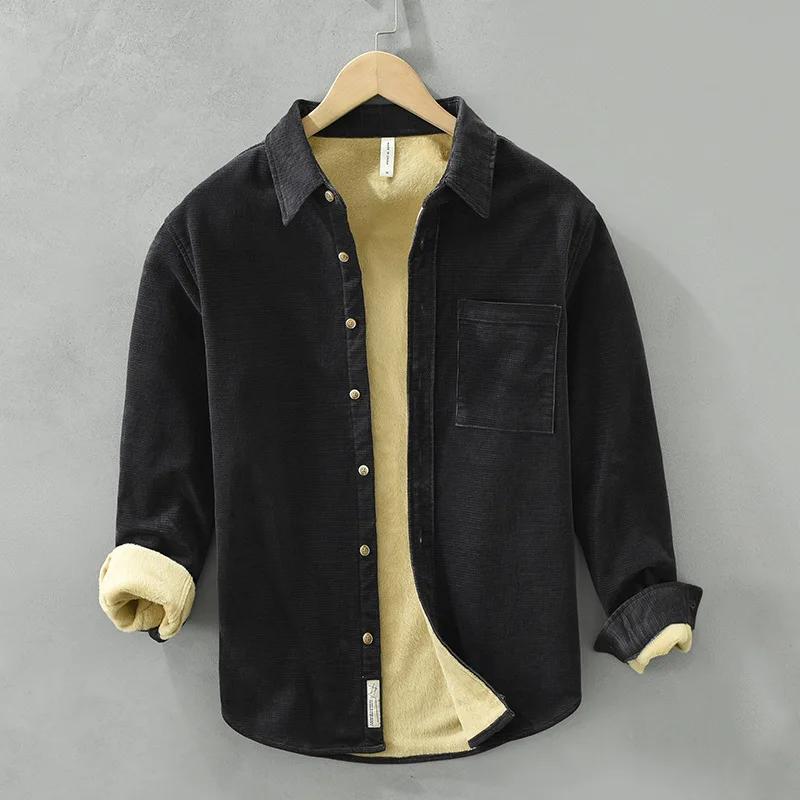 Varm vintertröja för män, daglig, ren bomull, avslappnad topp, krage, manchester, enfärgad skjorta, fleeceskjorta, enkla herrkläder