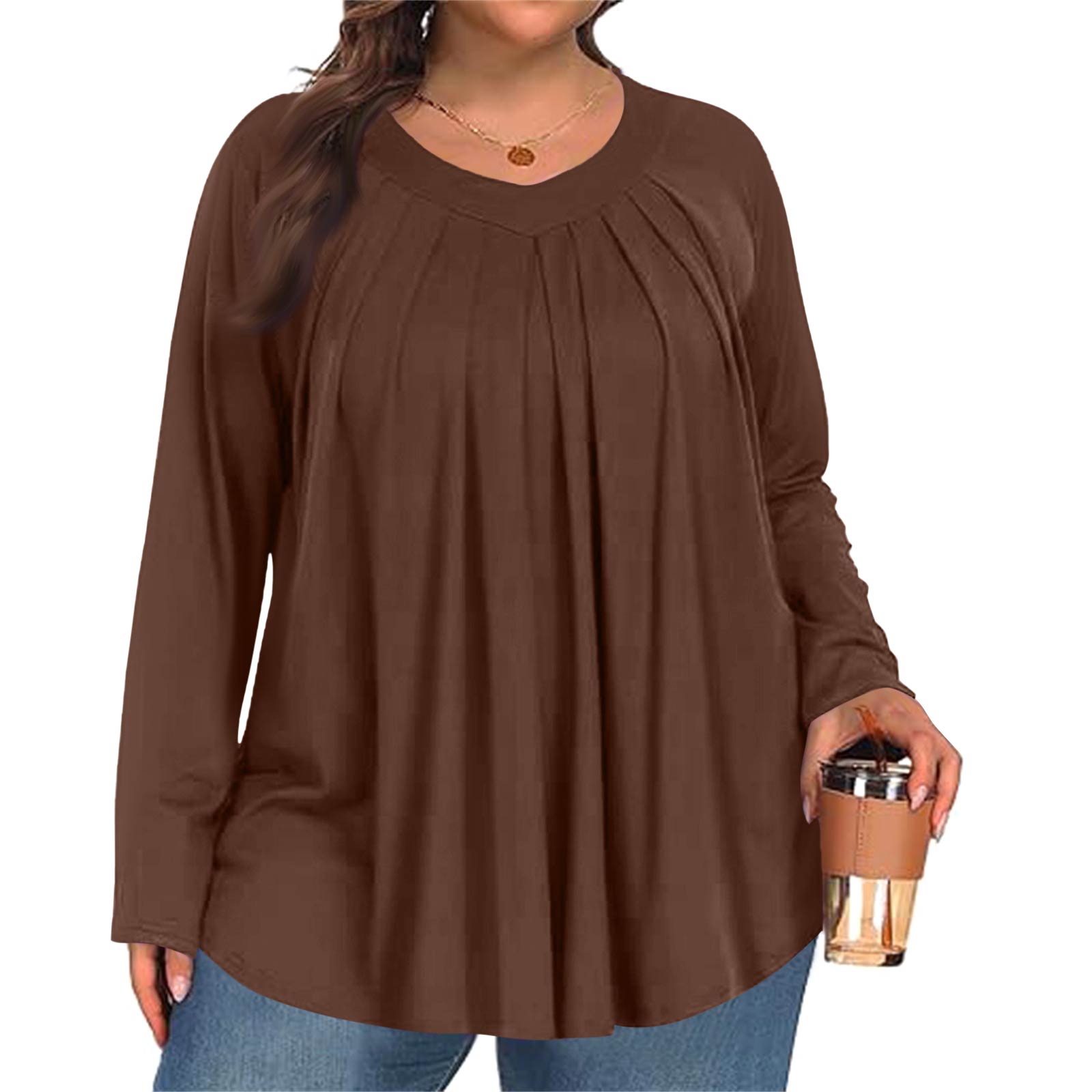 

Women s Plus Size Fashion Solid Colour Casual Pleated Round Neck Long Sleeve Top XXXL кофейный