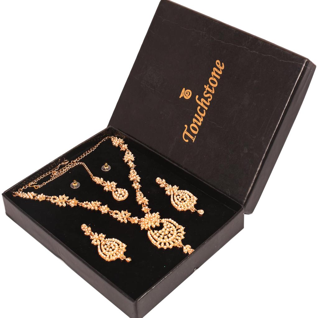 Touchstone Women's Indian Jewelry Set, Maang Tikka Wedding Guest Gold Necklace, Bollywood Jewelry Set, Pageant Elegant Prom Bride Accessory, Western