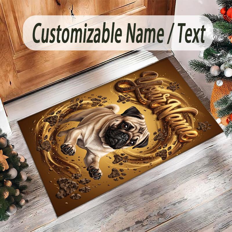 Pug Theme Crystal Velvet Floor Rug Personalized Custom Name Text Warm Carpet Home Decoration
