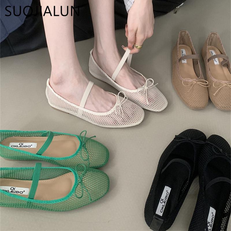 Fashion SUOJIALUN 2025 Summer New Brand Women Flat Shoes Fashion Mesh Ladies Elegant Boat Shoes Round Toe Shallow Slip On Ballerina Shoe