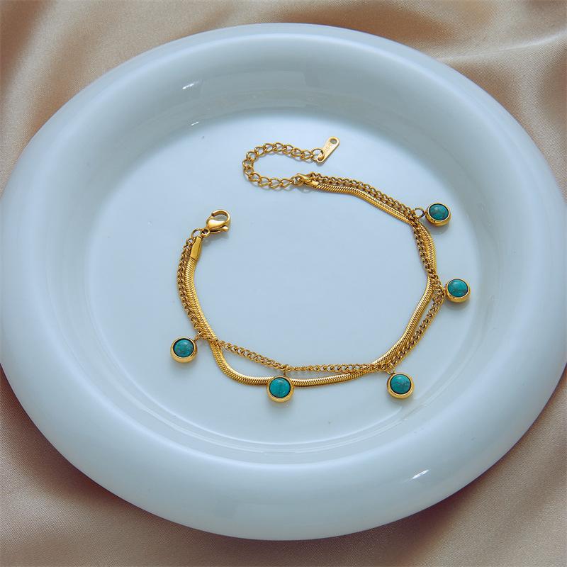 Gold Plated Turquoise Bezel Set Double Layer Chain Bracelet for Women Stainless Steel