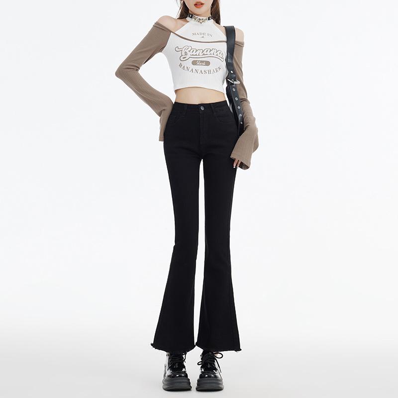 Autumn Winter Black Raw Edge Micro Flare Petite Eight Nine Points Casual Denim Pants Ladies Casual Pants Oversize Denim Trousers