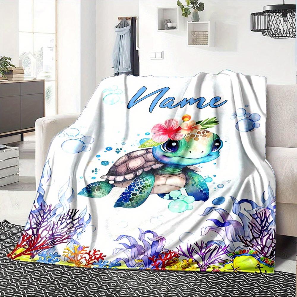 Sea Turtle With Flowers Home Customize Your Name Blankets Comfortable Soft Lightweight Multiseasonal Blanket For Picnics Sofas Offices Beds Living