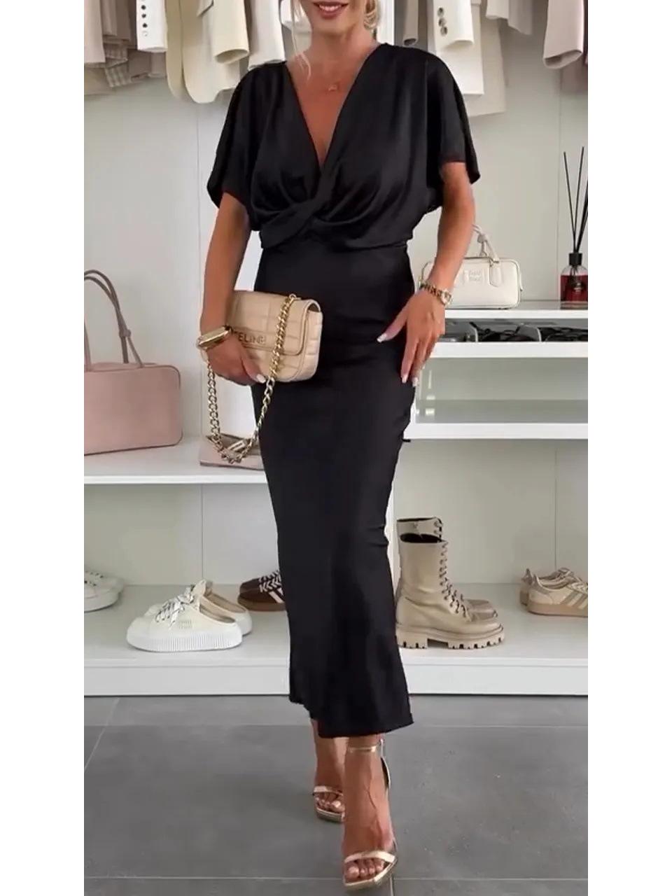 2026 Summer European and American Solid Color V-neck Fashion Dress S чёрный