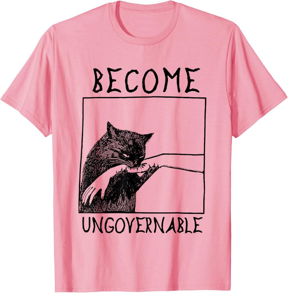 Become Ungovernable Biting Cat Meme Graphic Tee Cotton Casual Crewneck T-Shirt for Daily Wear