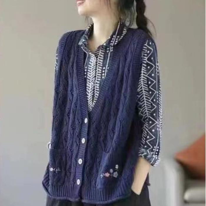 Retro Pletená Vesta Dámská Jednobarevná Dutá Svetrová Vesta Všestranná Vyšívaná Svetrová Vesta Vintage Ramenní Klip