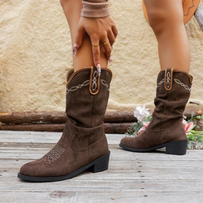 Vintage Stickerei Dicke Ferse Westernstiefel Vielseitige Schaft Cowboystiefel Vielseitiger Reiseurlaubsstil Niedrige Ferse Kurze Stiefel Damen