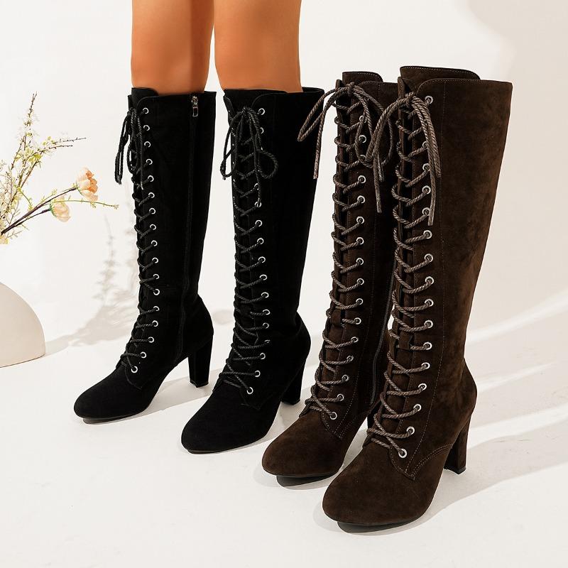 Fashion Autumn Winter Vintage Cross Strap Women Knee High Boots Fashion High Heel Pointed Toe Stripper Party Shoes Zapatos De Mujes