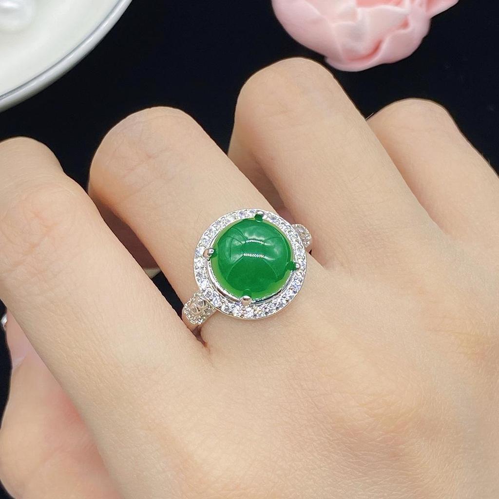 Popular Simulated Natural Ice Chalcedony Jasper & Diamond Open Ring for Women